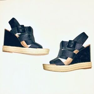 Coach Maryanne Black Canvas & Patent Leather Espadrille Wedge Sandal | Size 10